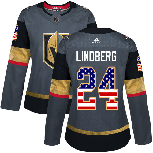 Adidas Golden Knights #24 Oscar Lindberg Grey Home Authentic USA Flag Women's Stitched NHL Jersey - Click Image to Close